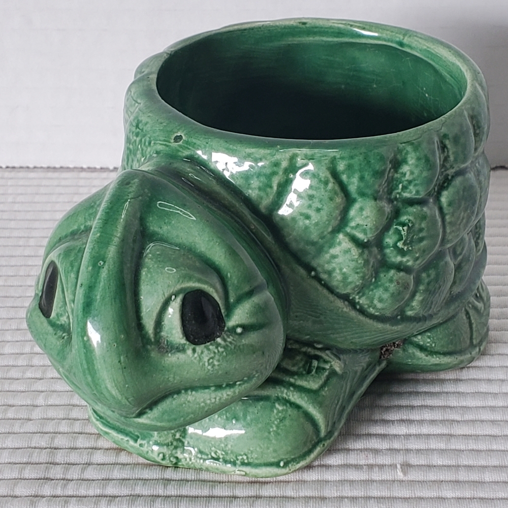 Turtle Planter Pot Ceramic Small Vintage MCM Boho Green Plant 1950s